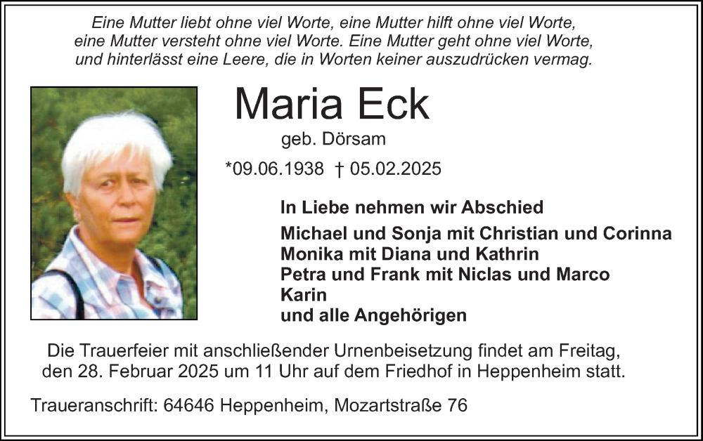  Traueranzeige für Maria Eck vom 22.02.2025 aus Starkenburger Echo