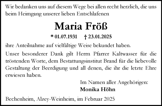 Traueranzeige von Maria Fröß von Allgemeine Zeitung Alzey