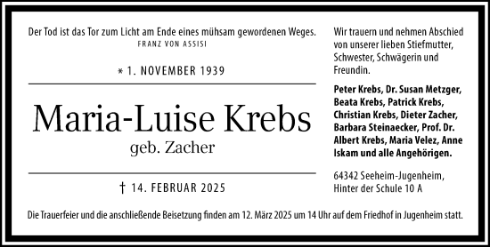 Traueranzeige von Maria-Luise Krebs von Darmstädter Echo