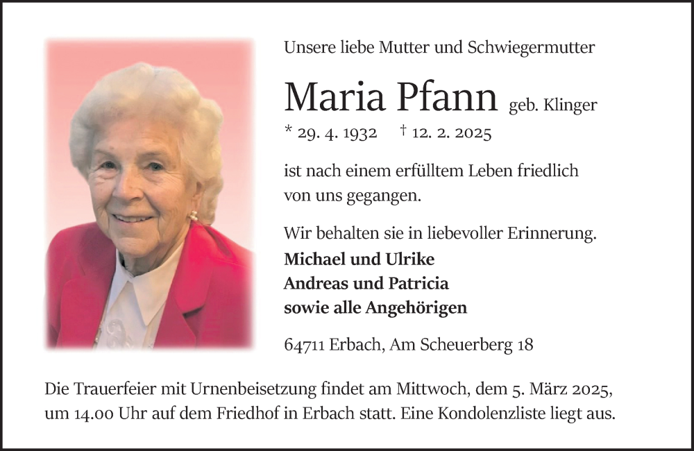  Traueranzeige für Maria Pfann vom 22.02.2025 aus Odenwälder Echo