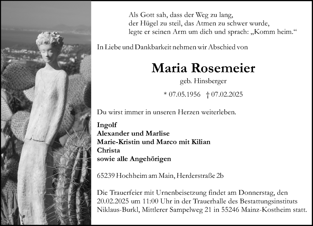  Traueranzeige für Maria Rosemeier vom 14.02.2025 aus Hochheimer Zeitung