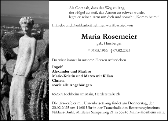 Traueranzeige von Maria Rosemeier von Allgemeine Zeitung Mainz
