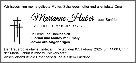 Traueranzeige von Marianne Huber von Weilburger Tageblatt