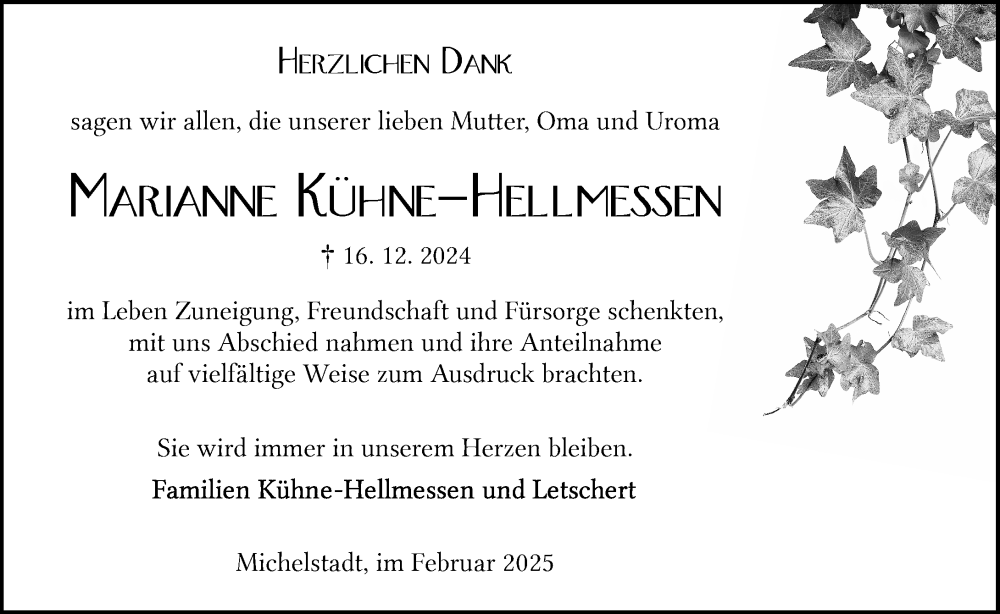  Traueranzeige für Marianne Kühne-Hellmessen vom 15.02.2025 aus Odenwälder Echo