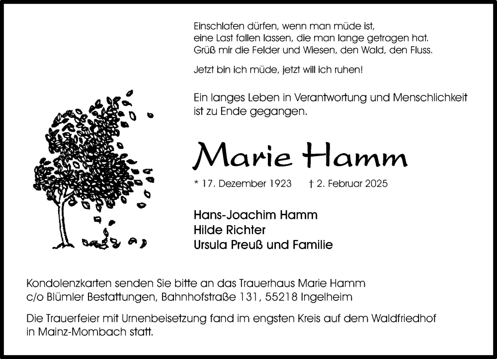  Traueranzeige für Marie Hamm vom 22.02.2025 aus Allgemeine Zeitung Mainz