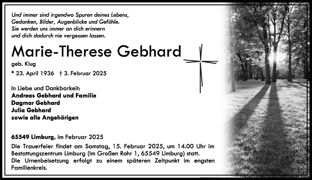  Traueranzeige für Marie-Therese Gebhard vom 08.02.2025 aus Nassauische Neue Presse