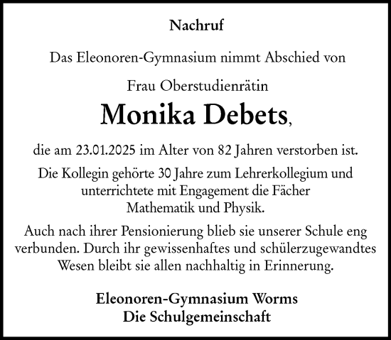 Traueranzeige von Monika Debets von Wormser Zeitung