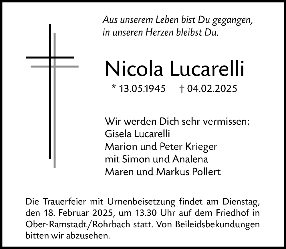  Traueranzeige für Nicola Lucarelli vom 15.02.2025 aus Darmstädter Echo