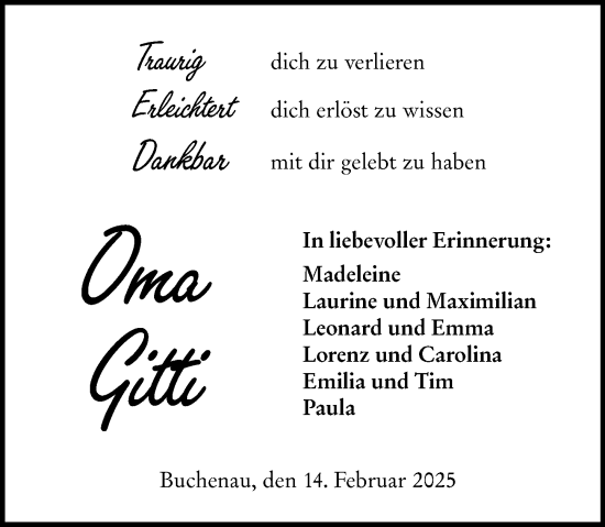 Traueranzeige von Oma Gitti  von Hinterländer Anzeiger