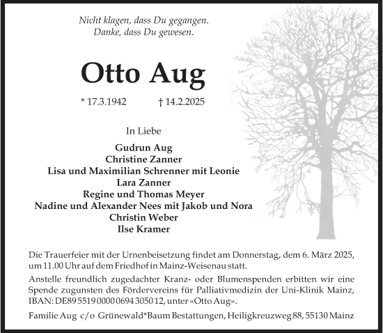 Traueranzeige von Otto Aug von Allgemeine Zeitung Mainz