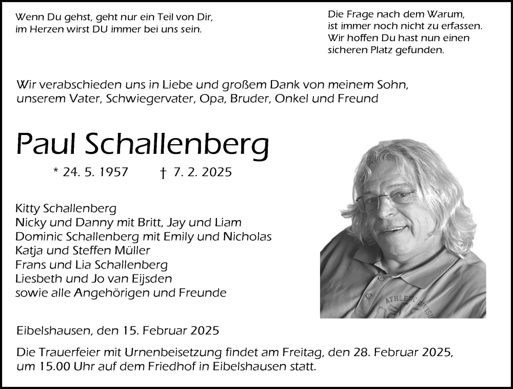  Traueranzeige für Paul Schallenberg vom 15.02.2025 aus Dill Block
