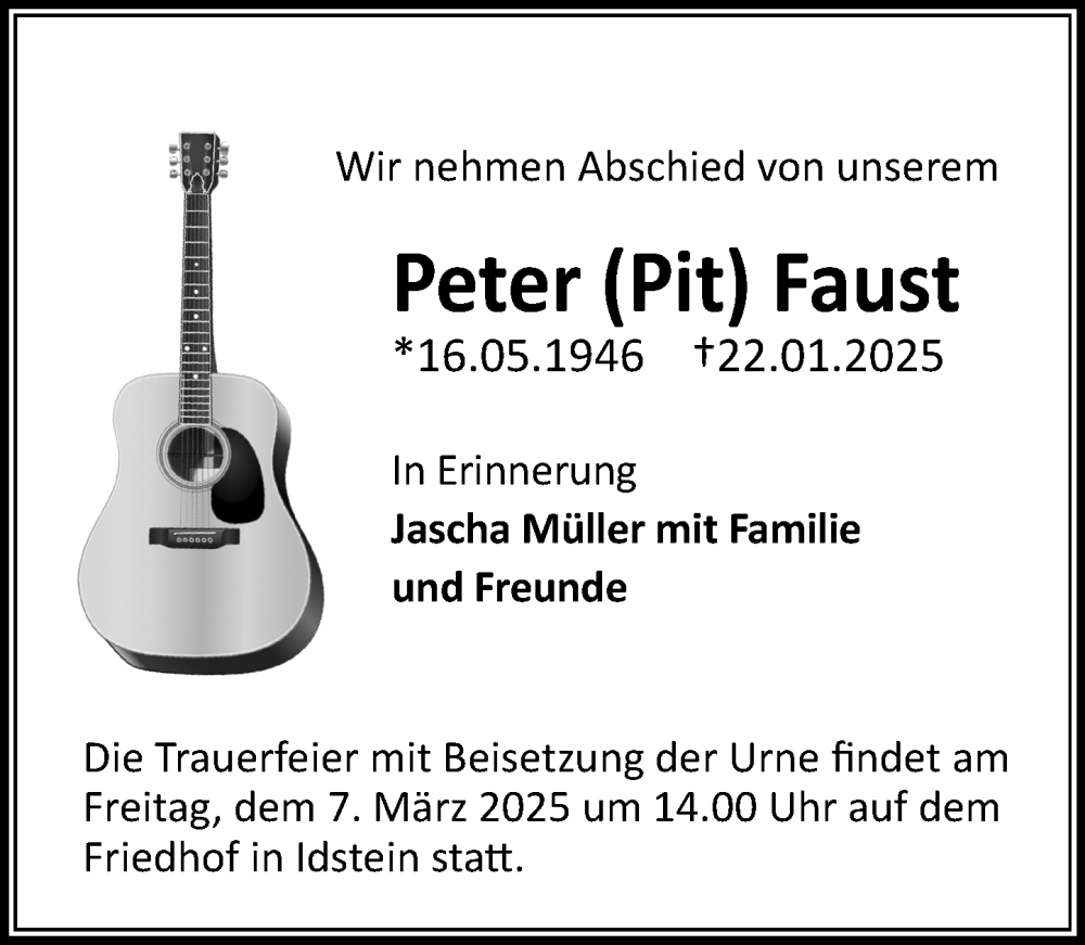  Traueranzeige für Peter Faust vom 08.02.2025 aus Idsteiner Land/Untertaunus