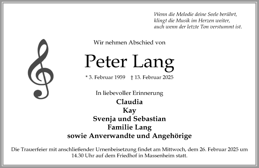  Traueranzeige für Peter Lang vom 21.02.2025 aus Hochheimer Zeitung