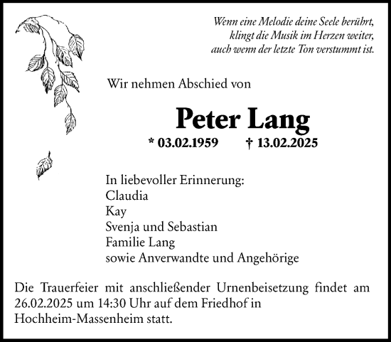 Traueranzeige von Peter Lang von Wiesbadener Kurier