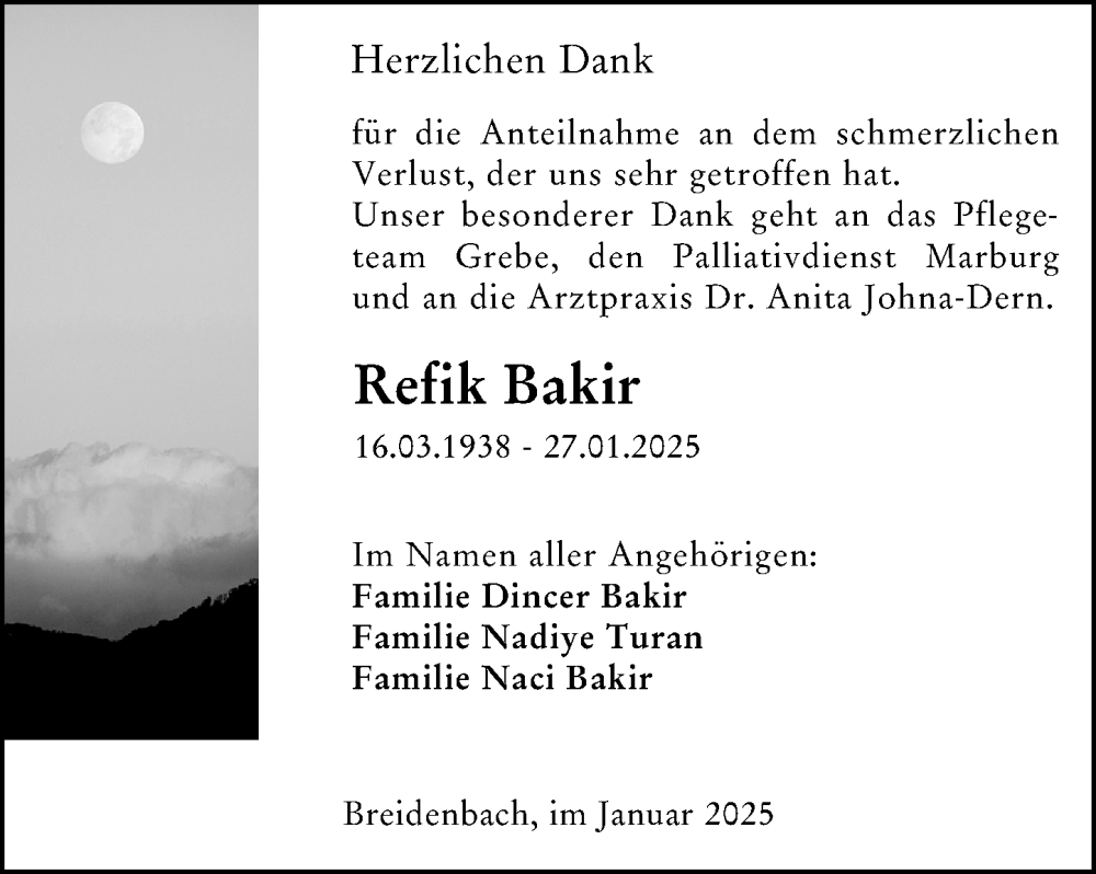  Traueranzeige für Refik Bakir vom 10.02.2025 aus Hinterländer Anzeiger