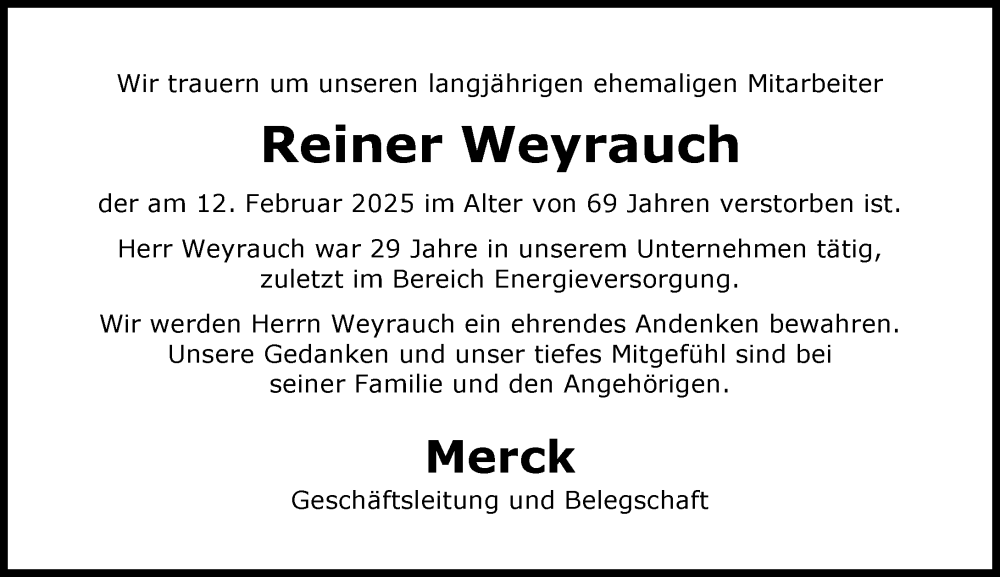  Traueranzeige für Reiner Weyrauch vom 22.02.2025 aus Darmstädter Echo