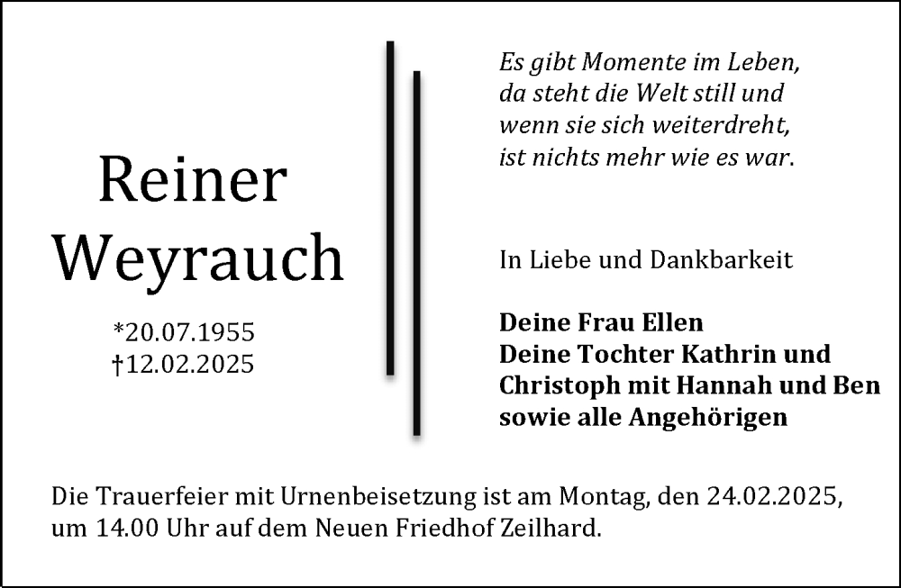  Traueranzeige für Reiner Weyrauch vom 20.02.2025 aus Darmstädter Echo