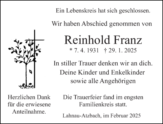 Traueranzeige von Reinhold Franz von Wetzlarer Neue Zeitung