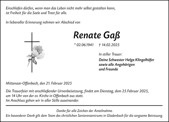 Traueranzeige von Renate Gaß von Dill Block