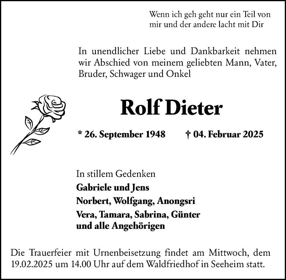  Traueranzeige für Rolf Dieter vom 15.02.2025 aus Darmstädter Echo