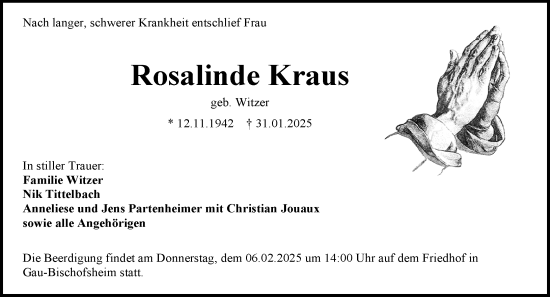 Traueranzeige von Rosalinde Kraus von Allgemeine Zeitung Mainz