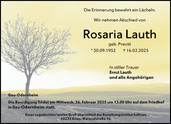 Traueranzeige von Rosaria Lauth von Allgemeine Zeitung Alzey