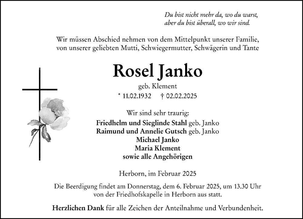  Traueranzeige für Rosel Janko vom 04.02.2025 aus Dill Block
