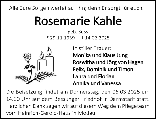 Traueranzeige von Rosemarie Kahle von Darmstädter Echo
