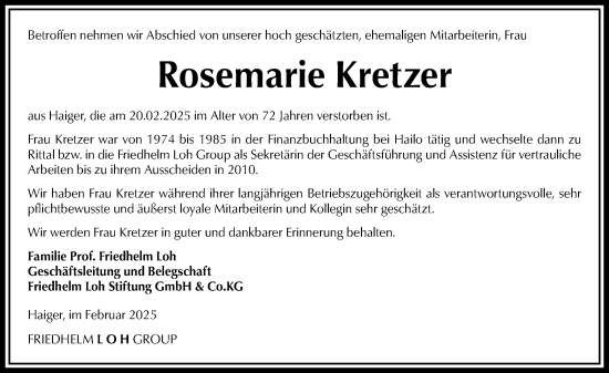 Traueranzeige von Rosemarie Kretzer von Dill Block