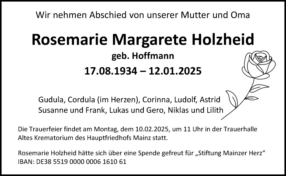  Traueranzeige für Rosemarie Margarete Holzheid vom 01.02.2025 aus Allgemeine Zeitung Mainz