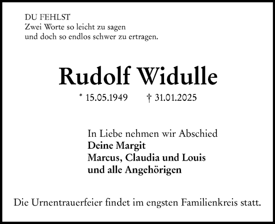 Traueranzeige von Rudolf Widulle von Darmstädter Echo