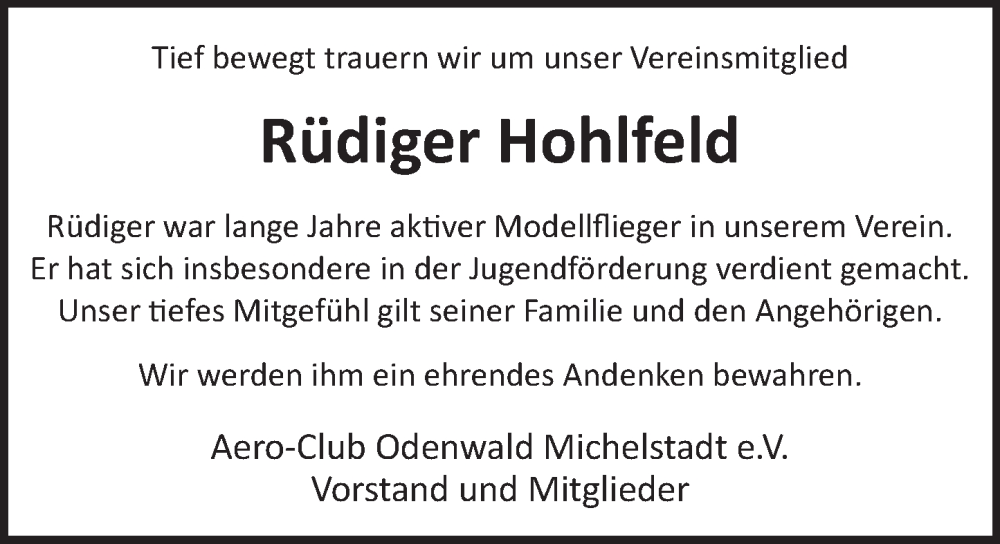  Traueranzeige für Rüdiger Hohlfeld vom 08.02.2025 aus Odenwälder Echo