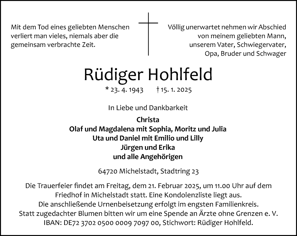 Traueranzeige für Rüdiger Hohlfeld vom 08.02.2025 aus Odenwälder Echo