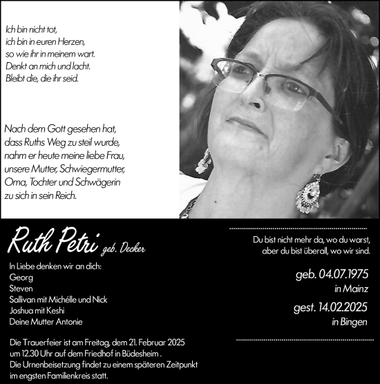 Traueranzeige von Ruth Petri von Allgemeine Zeitung Rheinhessen-Nahe