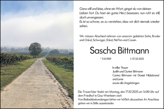 Traueranzeige von Sascha Bittmann von Allgemeine Zeitung Alzey