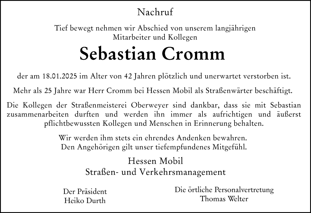  Traueranzeige für Sebastian Cromm vom 05.02.2025 aus Weilburger Tageblatt