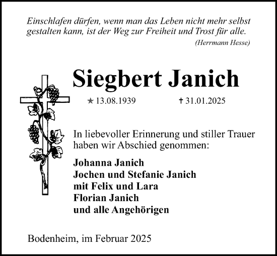 Traueranzeige von Siegbert Janich von Allgemeine Zeitung Mainz