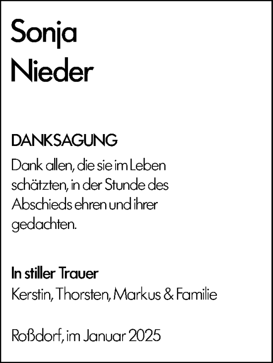 Traueranzeige von Sonja Nieder von Darmstädter Echo
