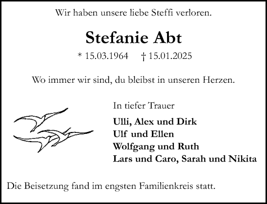 Traueranzeige von Stefanie Abt von Allgemeine Zeitung Mainz