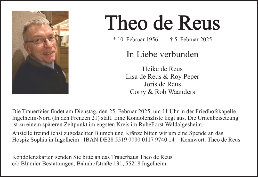  Traueranzeige für Theo de Reus vom 15.02.2025 aus Allgemeine Zeitung Rheinhessen-Nahe