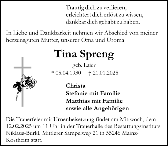 Traueranzeige von Tina Spreng von Allgemeine Zeitung Mainz