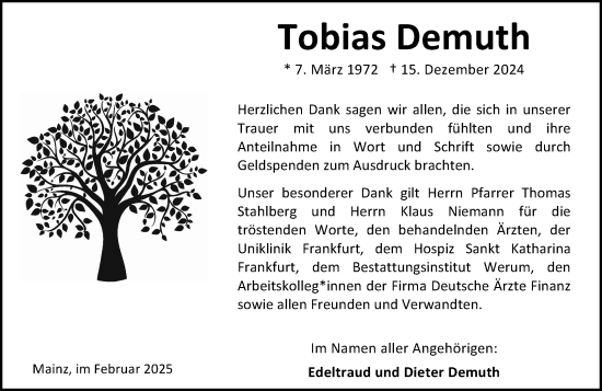 Traueranzeige von Tobias Demuth von Allgemeine Zeitung Mainz