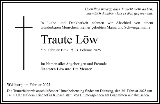Traueranzeige von Traute Löw von Weilburger Tageblatt