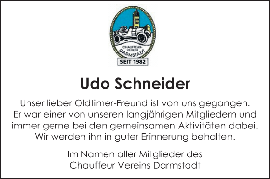 Traueranzeige von Udo Schneider von Darmstädter Echo