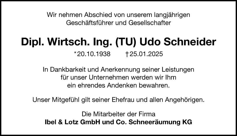  Traueranzeige für Udo Schneider vom 15.02.2025 aus Darmstädter Echo