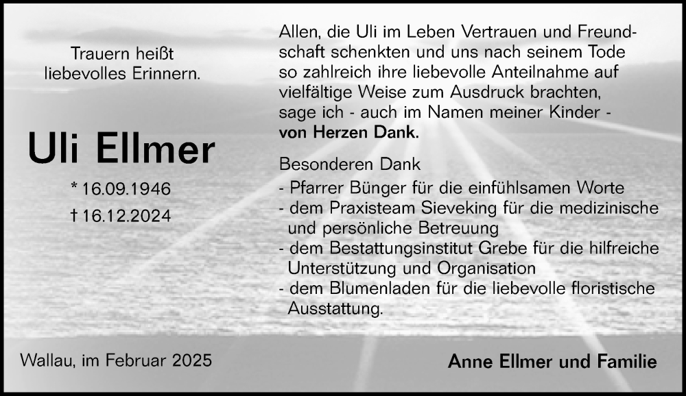  Traueranzeige für Uli Ellmer vom 01.02.2025 aus Hinterländer Anzeiger