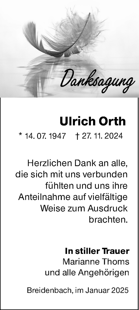  Traueranzeige für Ulrich Orth vom 01.02.2025 aus Hinterländer Anzeiger