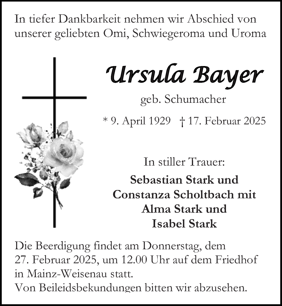  Traueranzeige für Ursula Bayer vom 22.02.2025 aus Allgemeine Zeitung Mainz