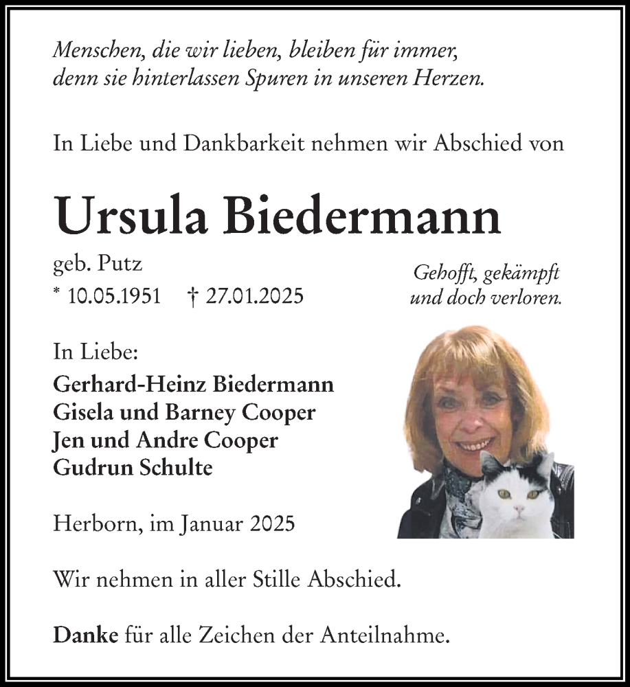  Traueranzeige für Ursula Biedermann vom 04.02.2025 aus Dill Block