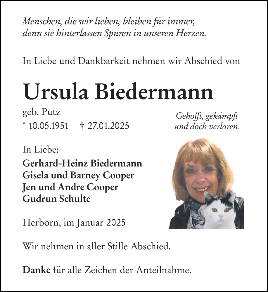  Traueranzeige für Ursula Biedermann vom 22.02.2025 aus Dill Block